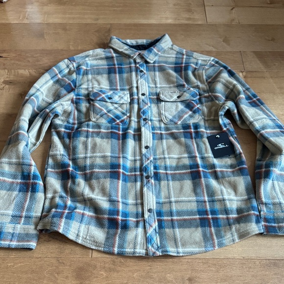 O'Neill Other - O'Neill Men's Beige Plaid Button-Down Shirt Jacket with Blue and Rust Stripes